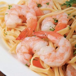 Shrimp Pasta in White Plate Bowl Food Picture
