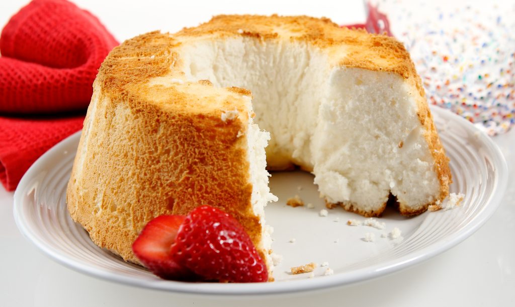 Angel Food Cake on Plate with Strawberries Food Picture