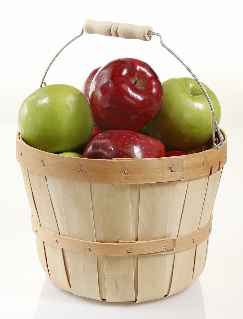 Orchard Fresh Granny Smith and Red Delicious Apples in Wooden Basket Food Picture