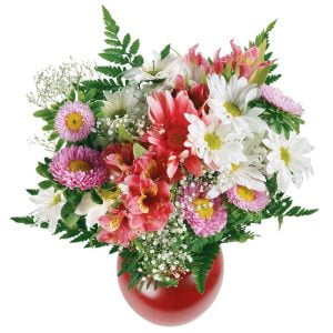 Floral Arrangement in Circular Red Vase Food Picture