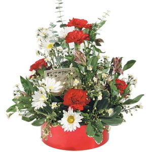 Floral Arrangement in Short Red Vase Food Picture