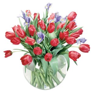 Assorted Tulip Arrangement in Clear Vase Food Picture