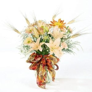 Fall Floral Arrangement in Clear Vase with Ribbon Food Picture