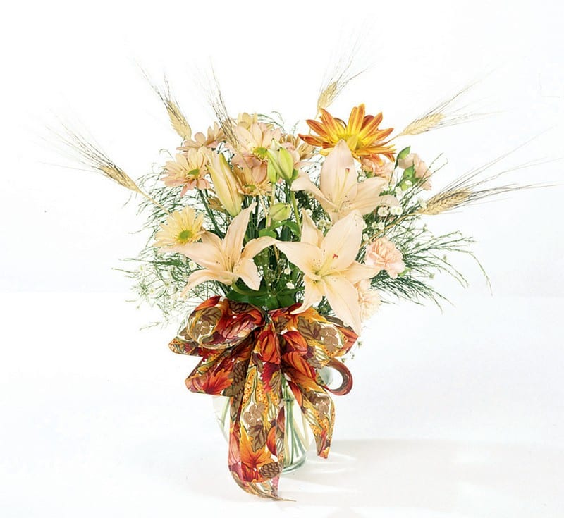 Fall Floral Arrangement in Clear Vase with Ribbon Food Picture