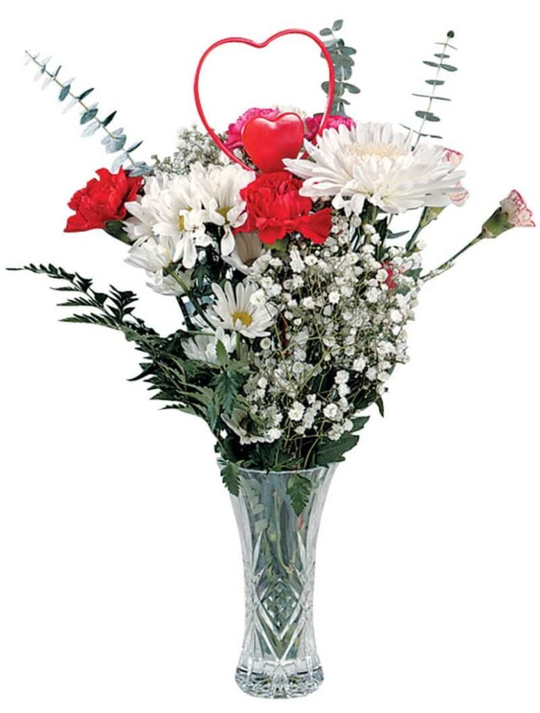 Valentine's Day Arrangement in Clear Vase with Red Heart Food Picture