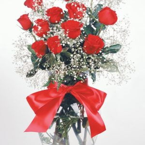 Dozen Red Roses in Clear Vase with Ribbon Food Picture