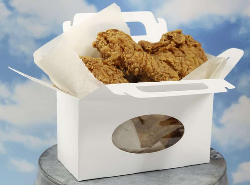 Box of Country Fresh Fried Chicken on Galvanized Metal Endtable Sky Backdrop Food Picture