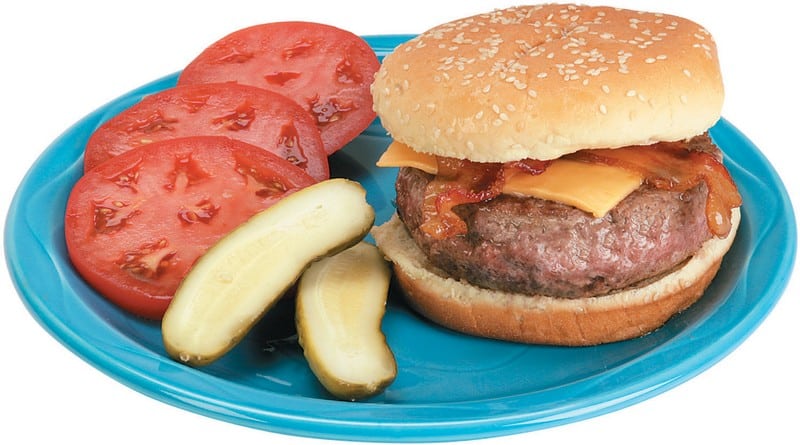 Bacon Cheeseburger with Pickles and Tomatoes Food Picture