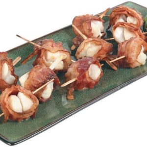 Bacon Wrapped Scallops on a Dish with Baby Tomatoes Food Picture