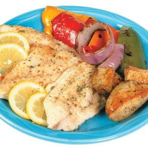 Basa Fillet with Lemon Wheels, Grilled Veggies, and Potatoes on Blue Plate Food Picture