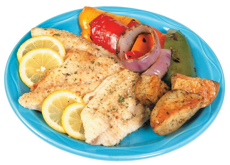 Basa Fillet with Lemon Wheels, Grilled Veggies, and Potatoes on Blue Plate Food Picture
