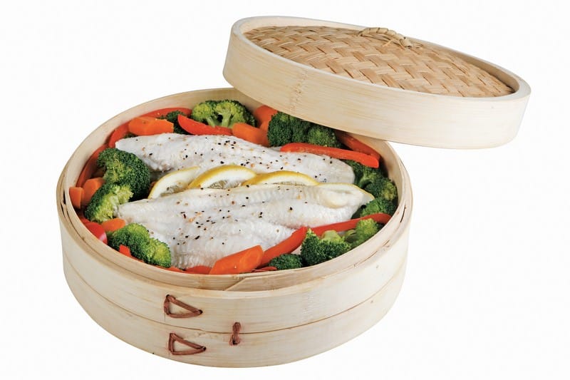 Steamed Basa Fillet and Veggies in Wooden Steamer Box Food Picture