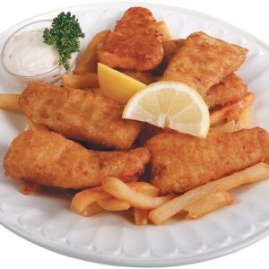 Battered White Fish and Fries on a Plate with Tartar Sauce Food Picture