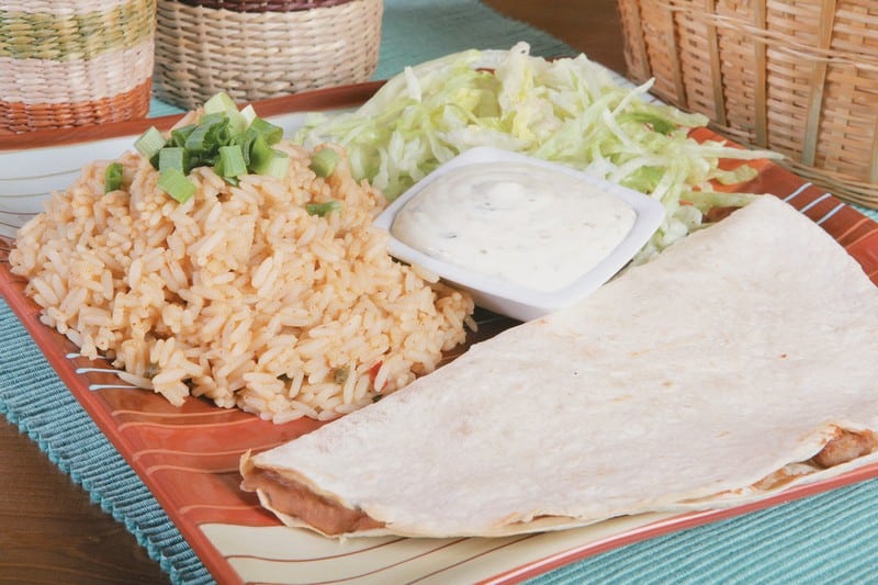 Bean Burrito with Rice and Sauce on a Plate Food Picture