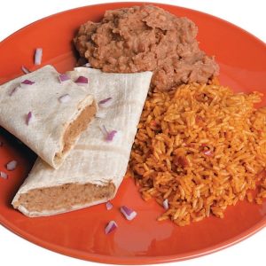 Bean Burrito on a Plate with Beans and Rice Food Picture