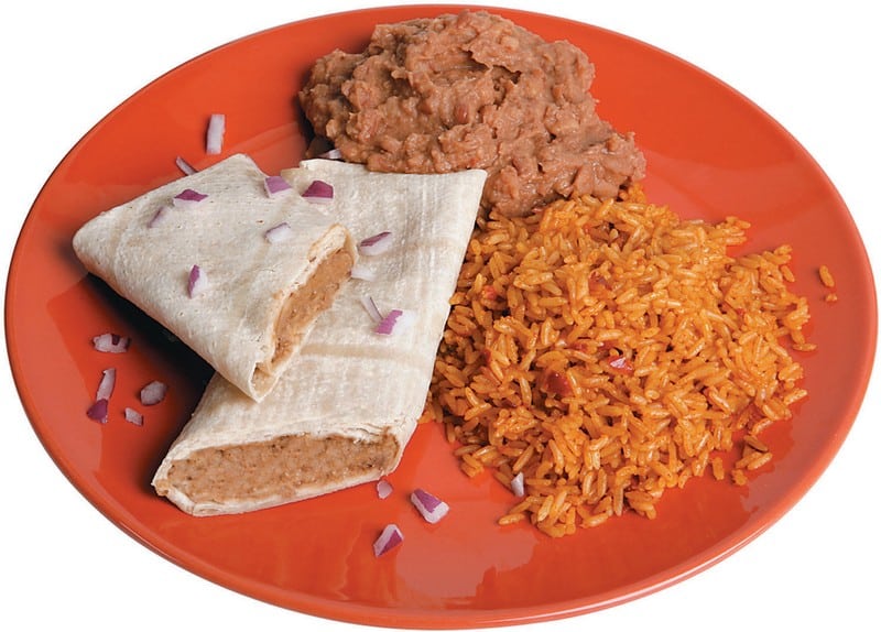 Bean Burrito on a Plate with Beans and Rice Food Picture