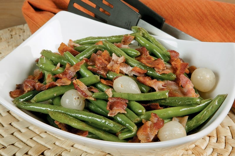 Green Beans with Onion and Bacon in White Dish Food Picture