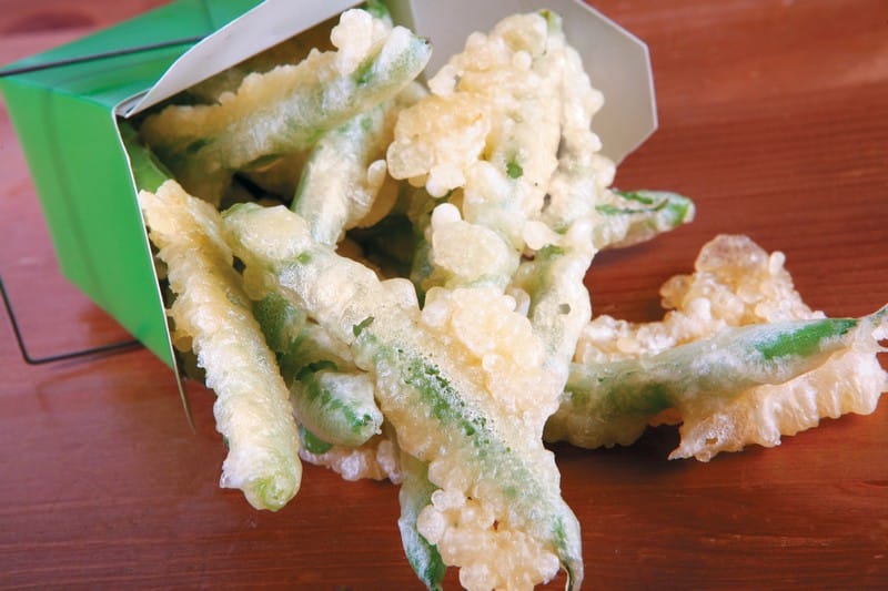 Tempura Green Beans in Take Out Box on Wooden Surface Food Picture
