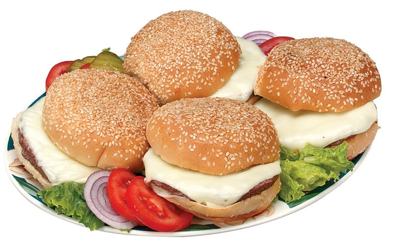 Four Beef Cheeseburgers on Platter Food Picture