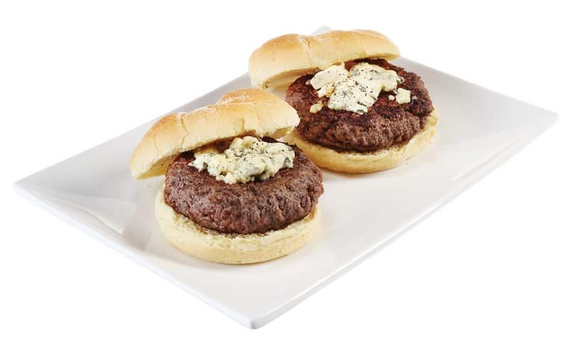 Two Beef Cheeseburgers on White Plates Food Picture