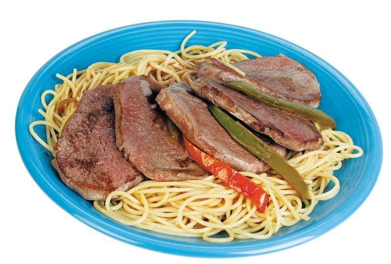 Fresh Cooked Thin Sliced Beef Eye Round Steaks over Pasta Food Picture