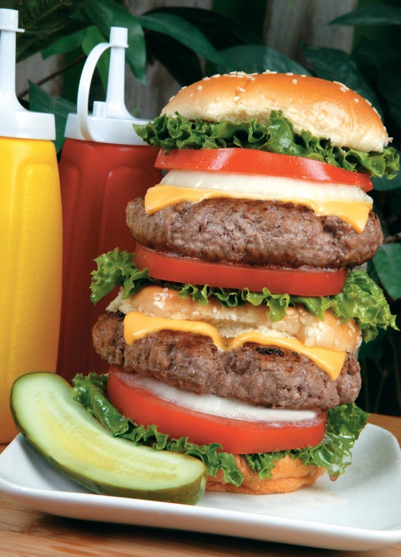 Double Cheeseburger with Pickle and Mustard and Ketchup Food Picture
