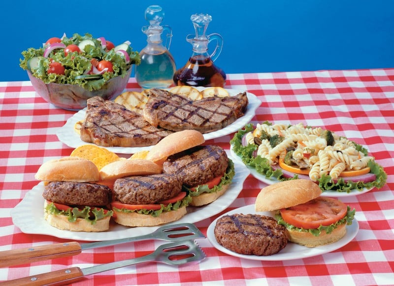 Beef Hamburger and Steak with Salad on Table Food Picture