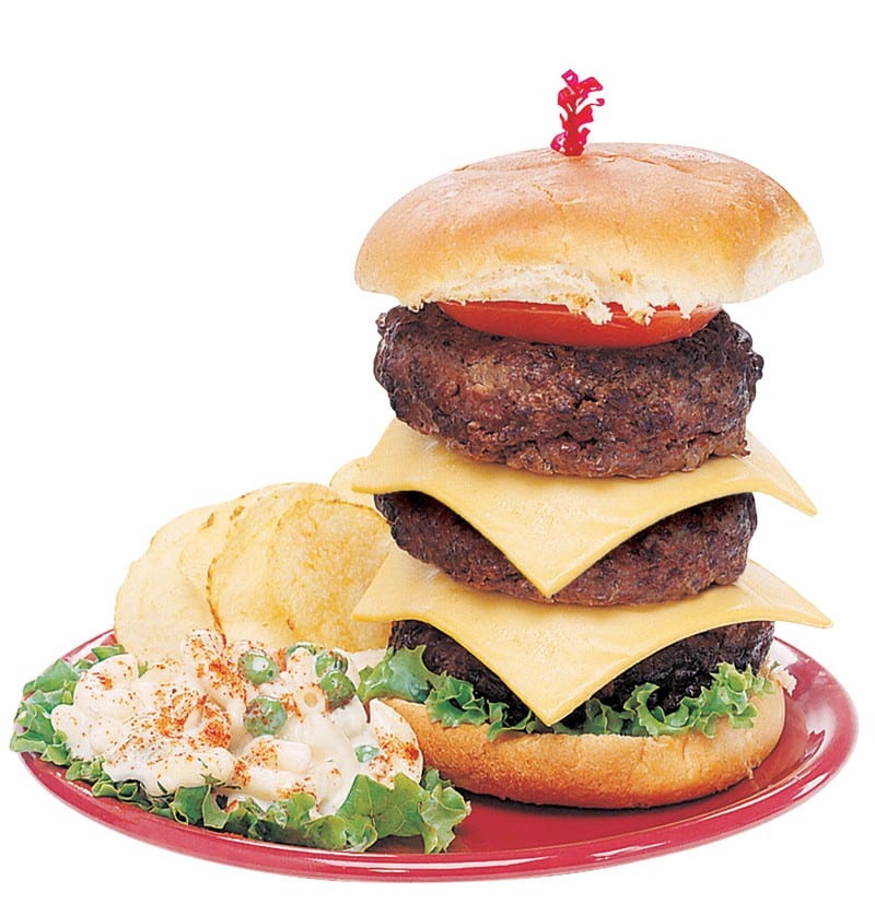 Triple Cheese Burger with Pasta Salad and Chips Food Picture