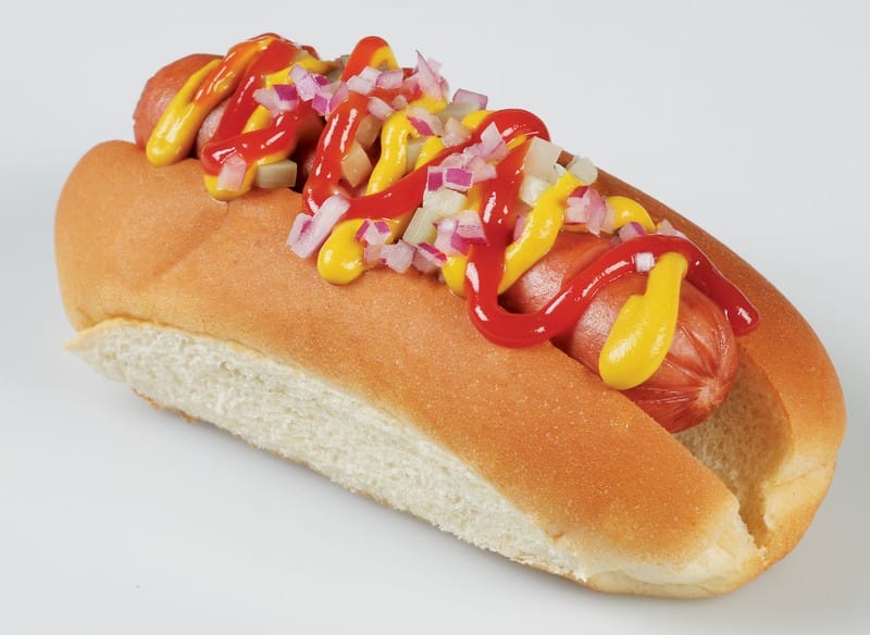 Single Beef Hot Dog with Mustard, Ketchup and Onions Food Picture