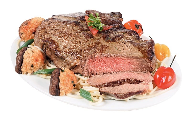 Cooked Beef New York Sirloin Steak with Vegetables over Pasta Food Picture