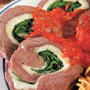 Beef Pinwheels on White and Blue Plate Food Picture