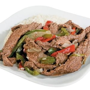 Beef Stir Fry with White Rice on White Plate Food Picture