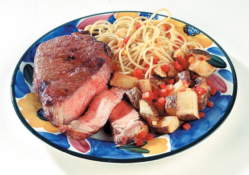 Fresh Cooked Beef Strip Steak with Pasta and Vegetables Food Picture