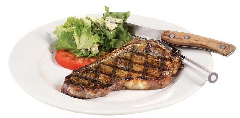Beef Strip Steak on White Dish with Side Salad Food Picture