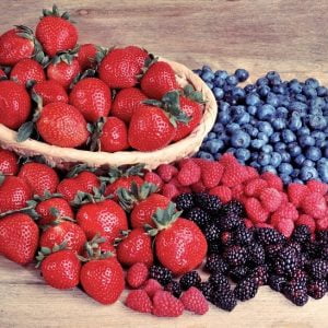 Assorted Loose Berries and Strawberries in Basket on Wooden Surface Food Picture