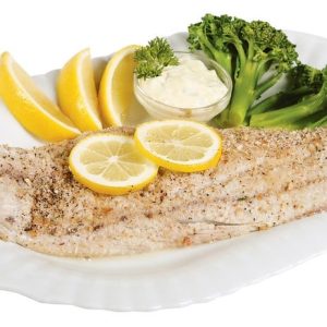 Bluefish Fillet with Veggies and Garnish on White Ridged Plate Food Picture