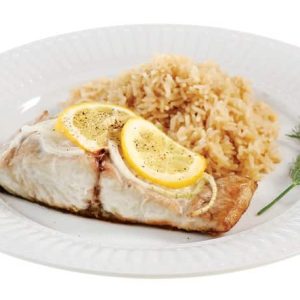 Bluefish Fillet with Garnish on White Ridged Plate Food Picture