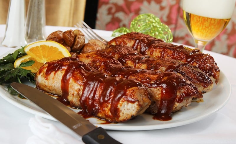 Cooked Boneless Pork Ribs with Barbecue Sauce on Plate Food Picture
