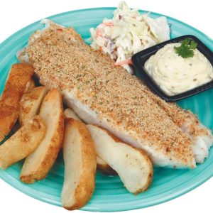 Breaded Cod and Potato Wedges on a Plate with Sauce and Coleslaw Food Picture