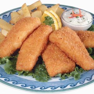 Breaded Fish and Fries on Plate with Sauce and Lemon Slices Food Picture