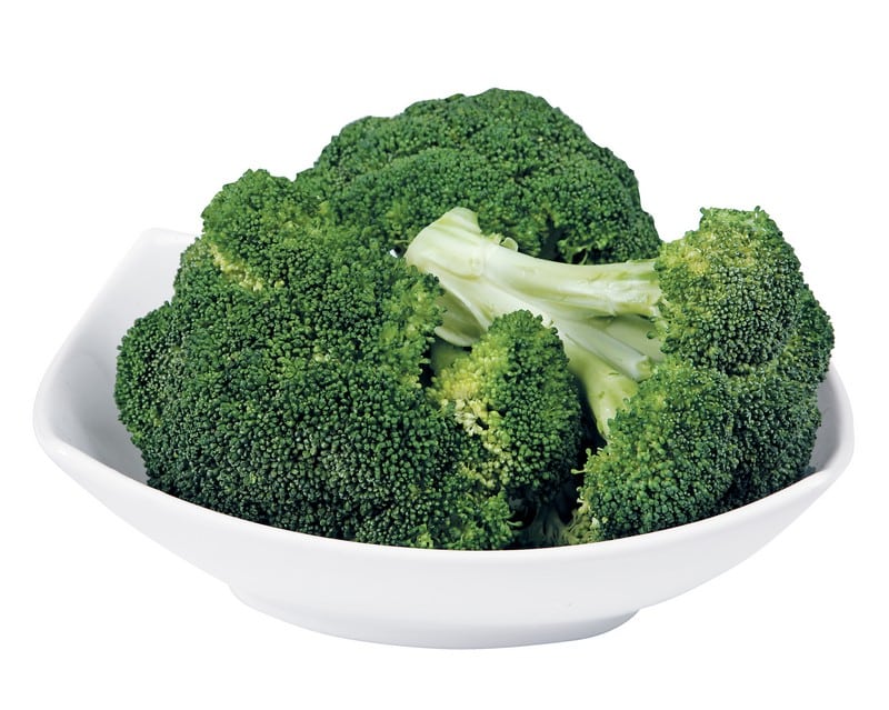 Broccoli crowns in a white bowl with a white background Food Picture