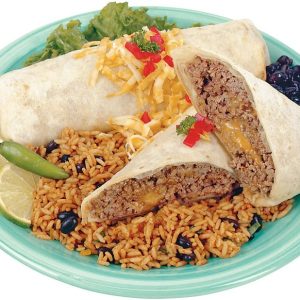 Beef Burritos over Rice with Garnish on Teal Plate Food Picture