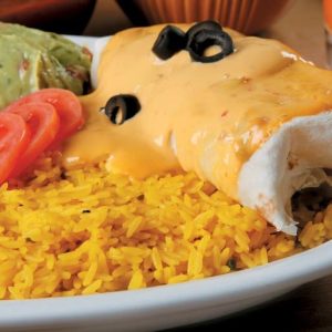 Burrito with Cheese Sauce and Rice on White Dish Food Picture