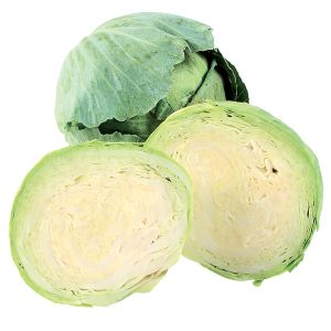 Green cabbage halved and whole on an isolated white background Food Picture