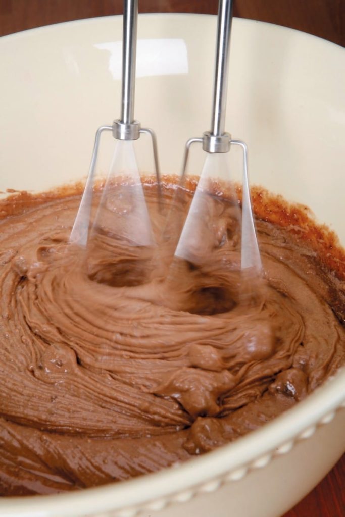 Chocolate Cake Mix Mixing with High Speed Mixer in White Bowl Food Picture