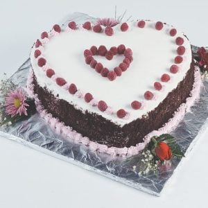 Valentines Heart Cake on Foil with Flower Garnish Food Picture