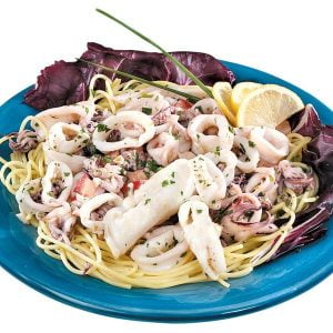 Calamari over Spaghetti on Blue Plate with Garnish Food Picture