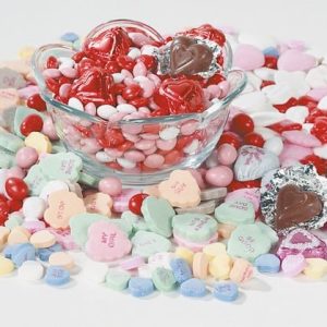Valentine Candy Assortment in and around Clear Dish Food Picture