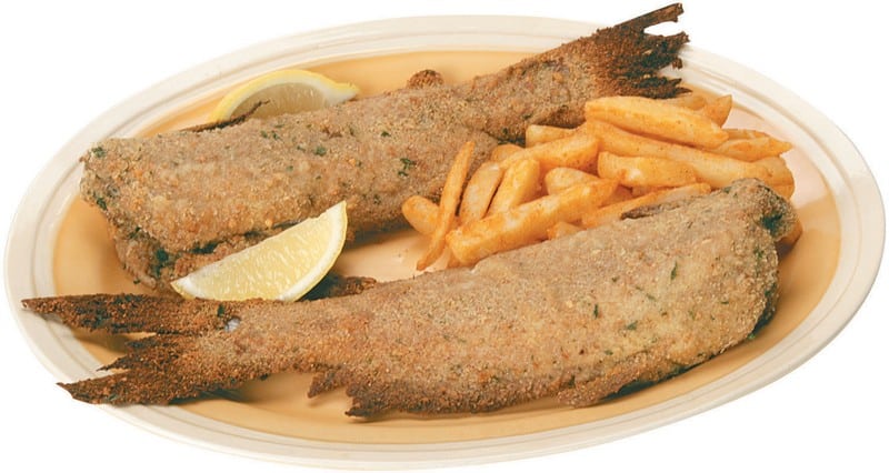 Breaded Catfish and Fries on a Plate with Lemon Slices Food Picture