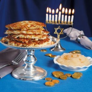 Fresh Chanukah Potatoes with Applesauce and Lit Candles Food Picture